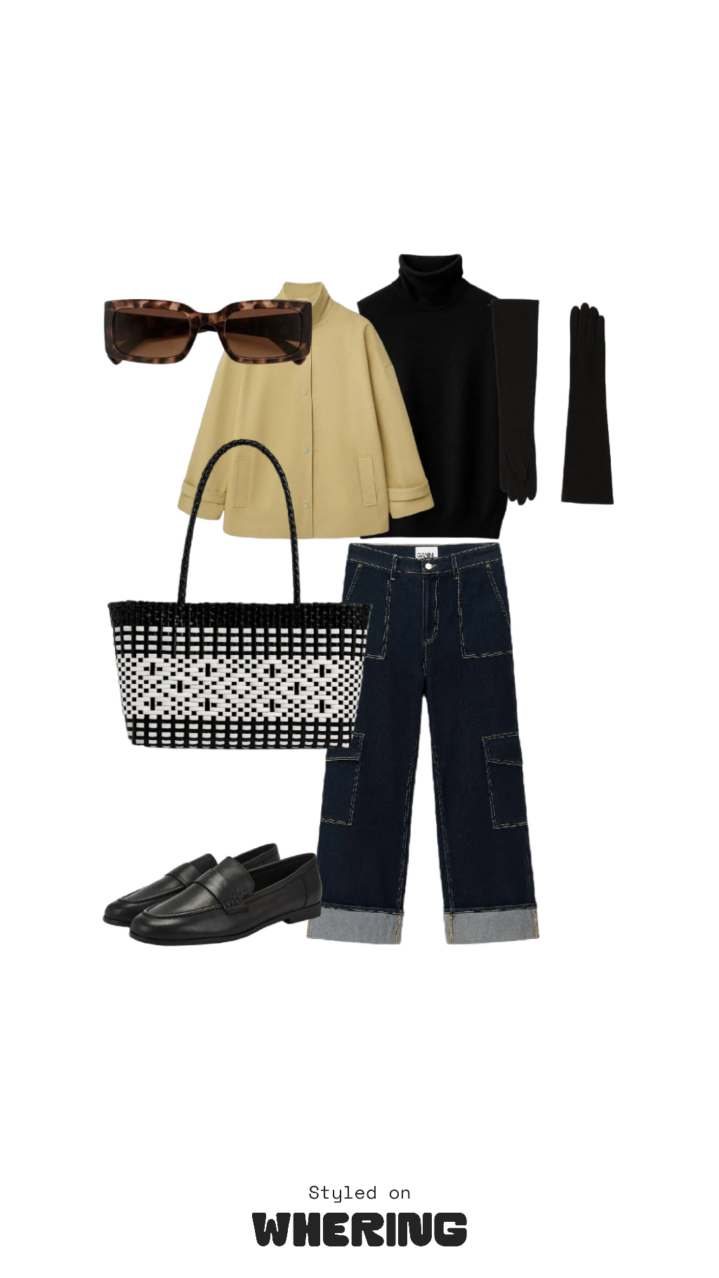 Куртка рабочего из весенней коллекции 5 o’coat
Джинсы GANNI
Сумка Ali
Очки маленький магазинчик в Антверпене